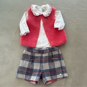TARTINE ET CHOCOLAT 3pc Outfit Faux Fur Vest, Collared Shirt & Shorts from Paris